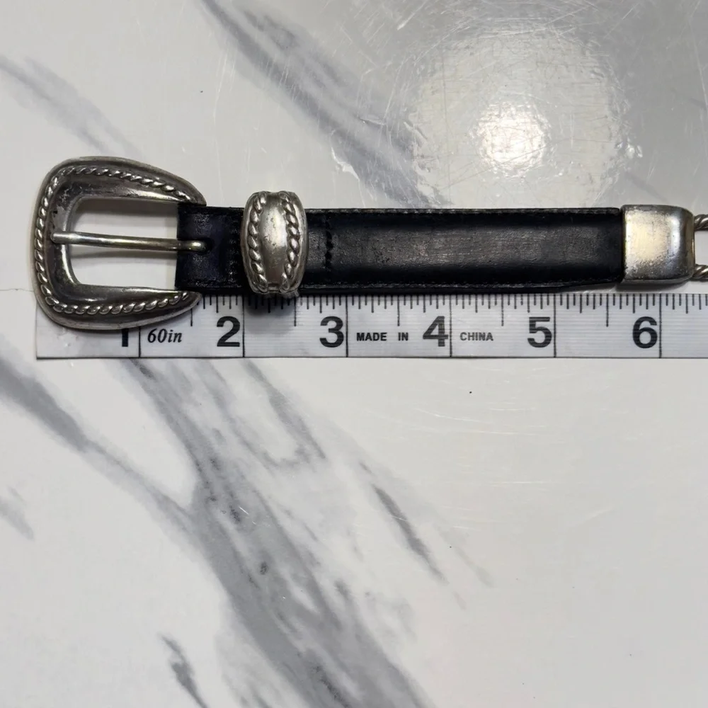 BRIGHTON | Silver Plated Links Black Leather Vintage Belt Made In USA 1995 90’s